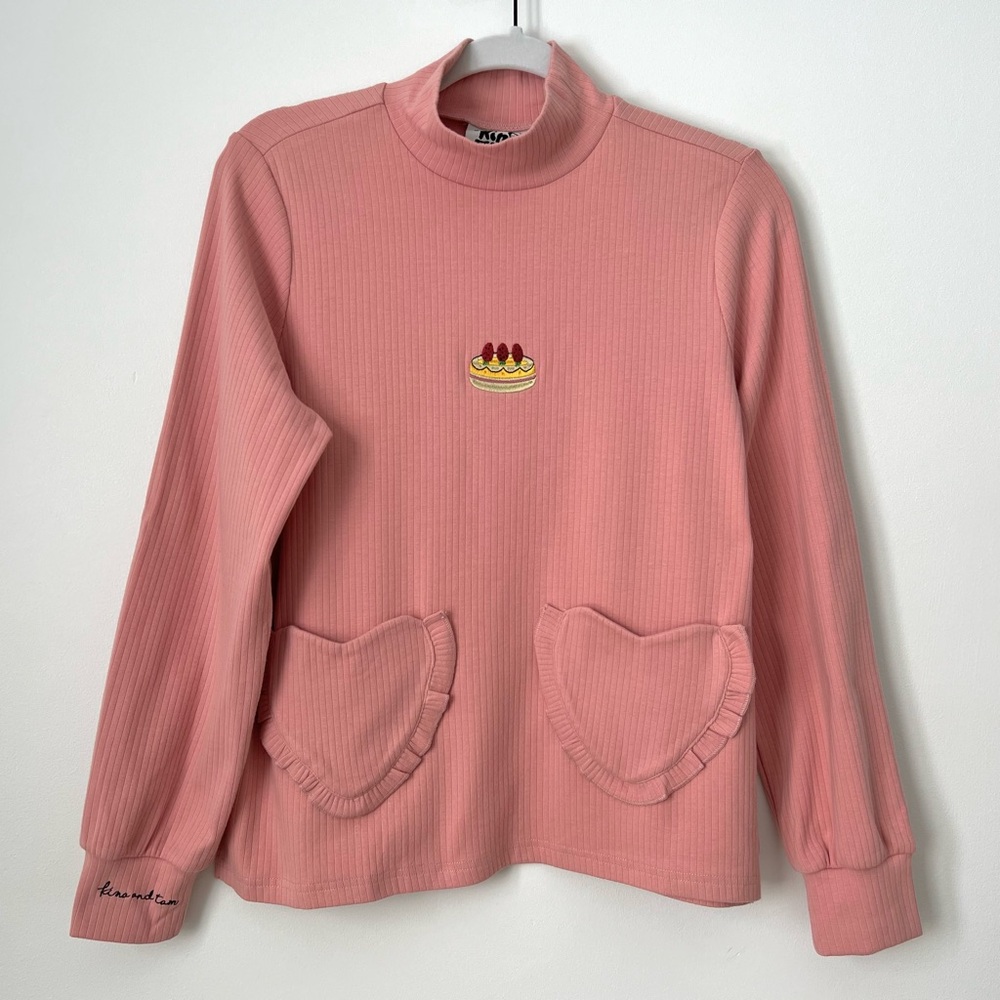 Kina and Tam Pink Long-Sleeve Ribbed Tee with Heart Pockets